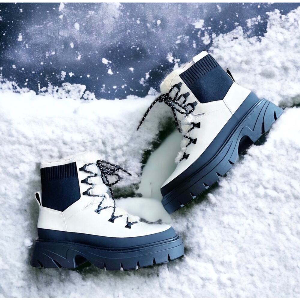 New! Marc Fisher Izuma Lugsole Boots in White/Black - Size 7.5 (MSRP $259)